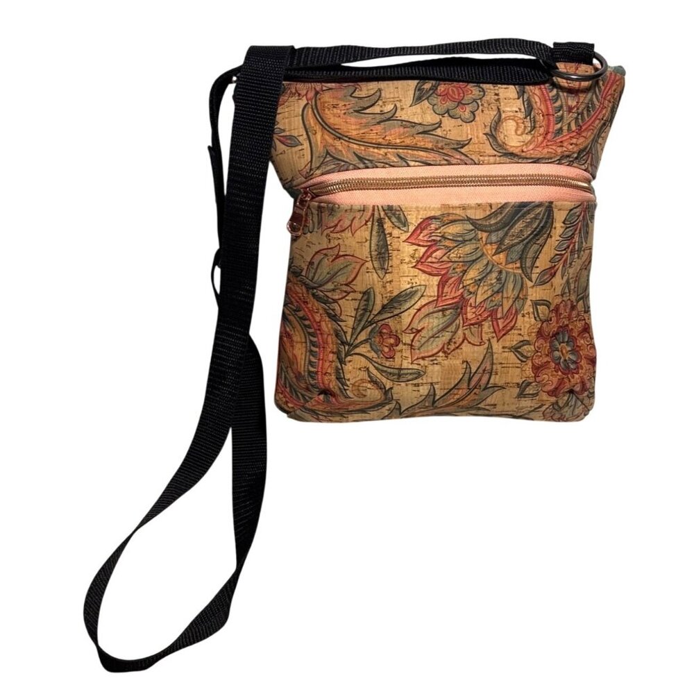Cork Crossbody Bag Handcrafted Floral Adjustable Strap & Zippered Compartments
